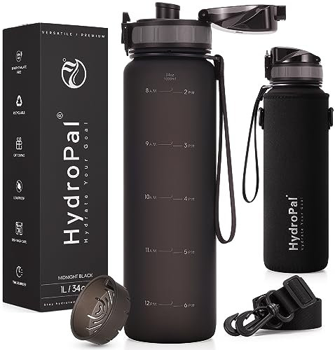 HydroPal 1L Sports Water Bottle, Slim Plastic Drink Bottle with Filter/No-Sweat Sleeve, Leakproof, Dustproof, Gym, Running, Travel, School, Office, Outdoor, BPA-free