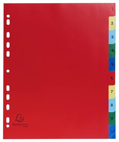 Exacompta - Réf. 84E - Carton de 20 Intercalaires en polypropylène avec 10 onglets imprimés numériques de 1 à 10 en couleur - Page d'indexation imrpimable - Format à classer A4 maxi - 24,5 x 29,7 cm