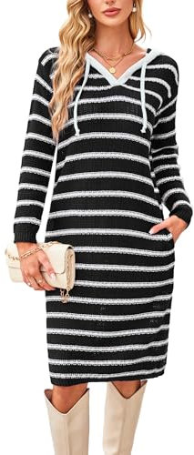 VOGMATE Strickkleid Damen Langarm Sweatshirt Hoodie Kleid Lang Pulloverkleid mit Kapuze Wollkleid Streifen Casual SweaDongguan City Yiduowang Clothing Factoryter Dress for Women Tunika Kleid Taschen