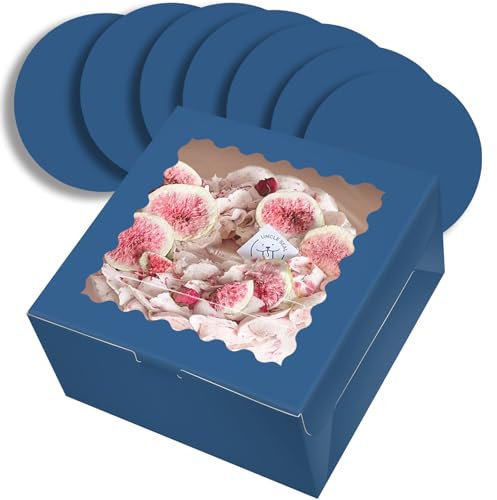 Gcardist Caja para tartas de 10 x 10 x 5 pulgadas, 5 juegos de cajas de pastel de tinta azul con ventana y 5 juegos de tablas redondas de tinta azul de 10 pulgadas, recipientes para tartas de 10