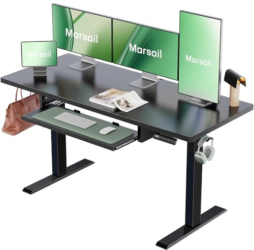 Marsail Electric Standing Desk with Ergonomic Keyboard Tray, 55x24 Inch Adjustable Height Desk with 27.5” to 46.7” Height Range, 4 Memory Presets, Smooth and Quiet Lifting, Computer Workstation, Black