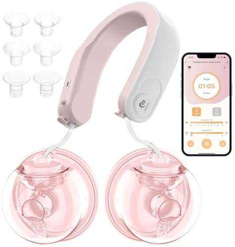 Sacaleches Eléctrico Manos Libres Portátil, Controlado por APP, 2 Modos y 9 Niveles, Transmisión de Voz, Compresa Caliente, Extractor de leche con Bridas de 24mm e Insertos de Brida de 17/19/21mm