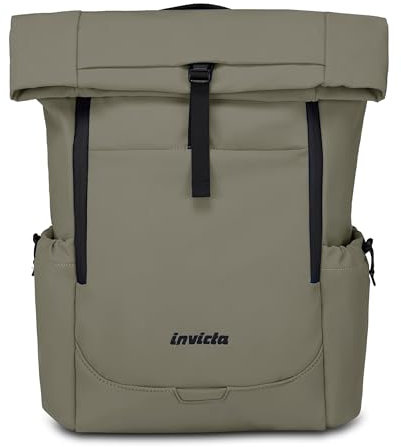 Invicta FOLD Rucksack Laptoptasche Business Rucksack, Leicht, kompakt, mit Laptopfach, Rolltop Rucksack für Büro, Reise, Fahrrad Tagespack, Daypack, mit Kofferhalterung und Trinkflaschenfach, beige