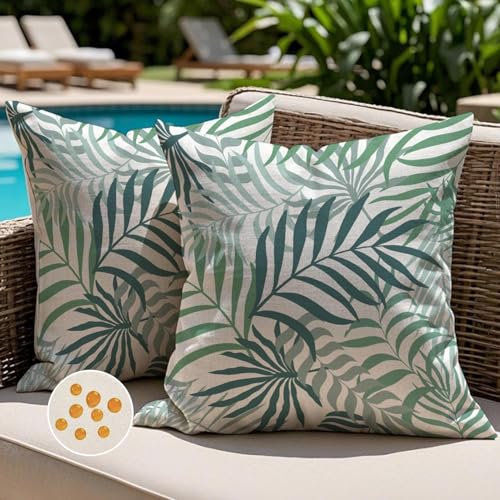Jayusaror Outdoor Kissenbezug 50x50 cm Grün Kissenhülle Wetterfest Sofakissen Gartenkissen Sommer Tropische Blätter Deko Kissen Kissenbezüge für Sofa Garten Deko 2er Set