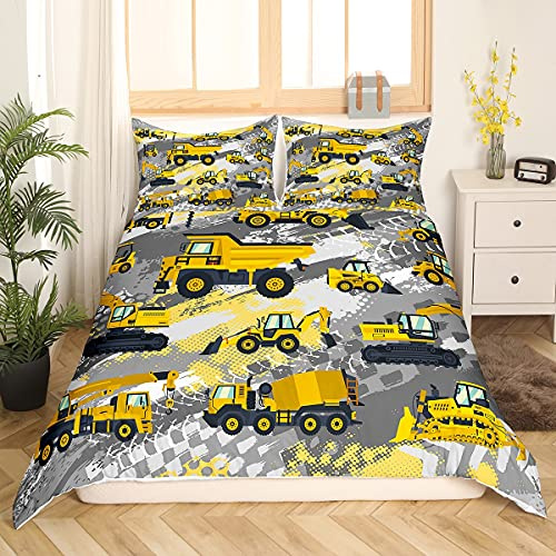 Loussiesd Jungen Karikatur Auto Bettwäsche Set 135x200cm Kinder Baufahrzeuge Bettbezug Set für Jugendliche Karikatur Maschinen LKW Bettwäsche Baustelle Autos Muster, Gelb Grau