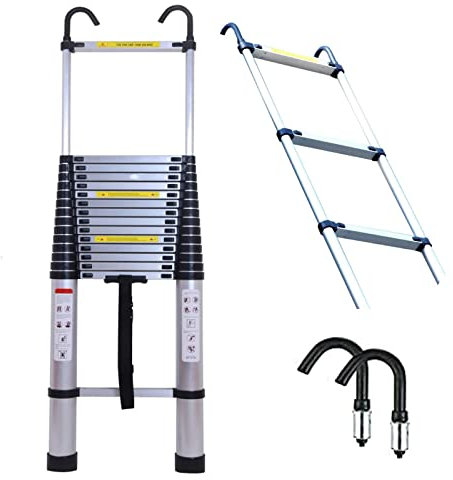 Scala telescopica in alluminio da 2,3 m, con gancio, versatile scala estensibile per tetti, attività domestiche, camper, lavoro all'aperto, design portatile e leggero