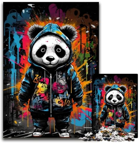 Puzzle 1000 Teile Graffiti-Kunst-Panda-Puzzle aus Pappe, anspruchsvolles Denkspiel für Teenager, Spaß für den Familienspielabend, 26x38cm/10,23x14,96 Zoll