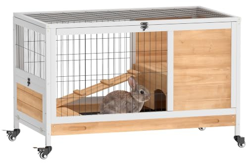 PawHut Clapier Lapin Intérieur Cage Lapin 90 x 53 x 59 cm Jaune | Toit Ouvrant, Roulettes, Plateau Amovible, Rampe, Cage en Bois