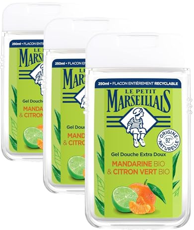 Le Petit Marseillais - Gel Douche Extra Doux Mandarine Bio & Citron Vert Bio (flacon de 250ml) – 92% d'ingrédients d'origine naturelle – Flacon entièrement recyclable (Lot de 3)