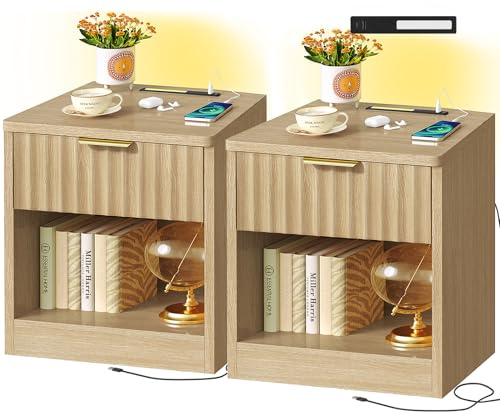 TEENFON Rillen-Nachttisch 2er Set mit Steckdose und USB, Beistelltisch mit LED-Licht, Schublade und offenem Fach, moderner Nachtschrank für Schlafzimmer & Wohnzimmer, Naturholz