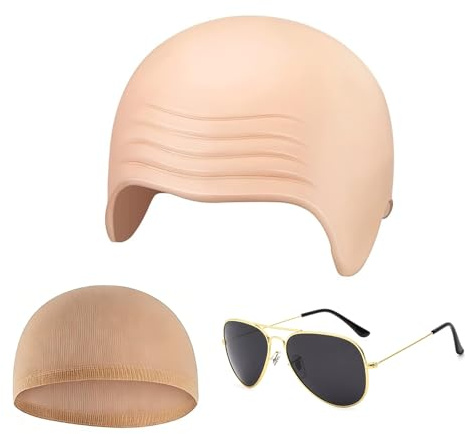 SNXCEUG Erwachsenen Glatzenkappe Set, 3-teilig, Glatzkopf Kappe mit Haarnetz und Sonnenbrille, Realistische Latex Glatze, für Halloween Party Kostümzubehör