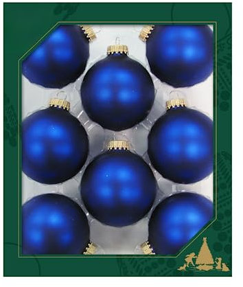 Dekohelden24 Lauschaer Christbaumschmuck - 8er Set Kugeln Uni matt Satin königsblau, 6,7 cm, mit goldenem Krönchen + 50 Schnellaufhänger dazu