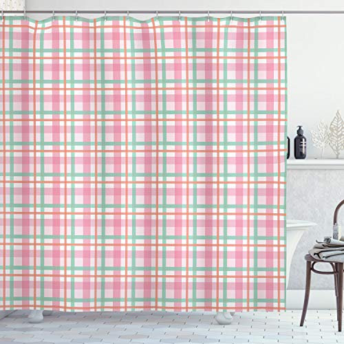 ABAKUHAUS Abstrait Rideau de Douche, Couleur Pastel Checkered, Tissu Ensemble de Décor de Salle de Bain avec Crochets, 175 x 200 cm, Mint Salmon Rose pâle