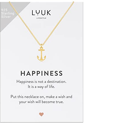 LUUK LIFESTYLE Halskette mit Anker Anhänger und HAPPINESS Geschenkkarte, 925er Sterlingsilber, Modeschmuck für den Alltag, den Strand, wasserfest, nautisches und maritimes Motiv, Gold