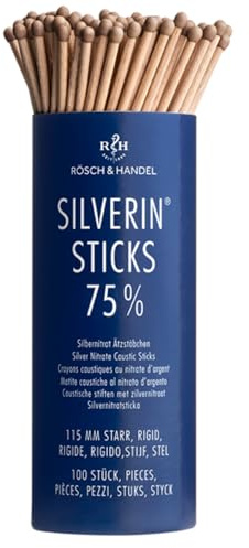 SILVERIN Silbernitrat Kaliumnitrat Ätzstäbchen | Höllenstein Ätzstift | Lapis Stäbchen | 100 Stk. | 75% | bei Warzen, Wildfleisch zB Piercings, Aphten, Blutstillung, Stomatitis | 115 mm | starr