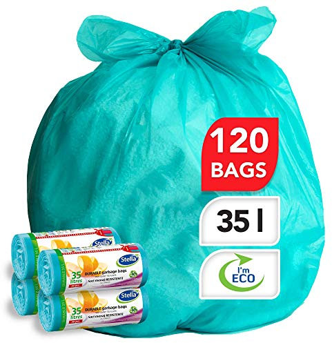 Stella pack Müllbeutel 35 l Türkis 120 Stück umweltfreundlich 100 Stück recycelter Kunststoff ultra-widerstandsfähig Wellenverschluss flexibel langlebig für Haus und Büro