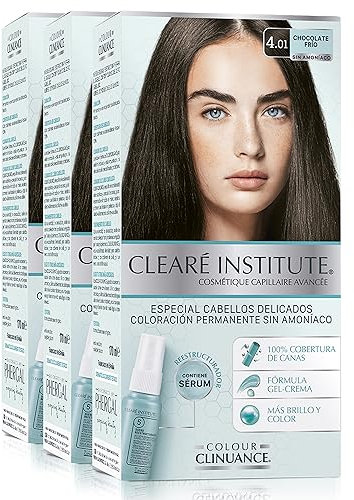Clearé Institute | Colour Clinuance | Coloración Capilar Permanente Sin Amoniaco | Tinte de Pelo 100% Cobertura de Canas, Incluye Sérum Capilar | Método Curly |4.1 Chocolate Frio | Pack de 3