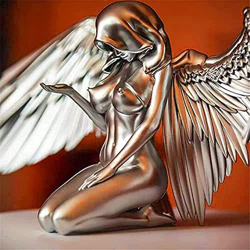 MUGUOY Art Angel Female Woman Wings kniender Umhang Hut, 3D Angel Redemption Angel Kreative Skulptur,Silber Finish Kniende Nackte Statue,Memorial Harz Engel Skulptur für Outdoor und Indoor Decor