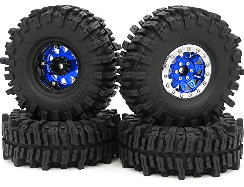 HOBBYSOUL RC Schweren 1.9 Beadlock Felgen Blau Silber & 1.9 Crawler Reifen 1.9 Mud Slingers 120mm/4.72 für Traxxas TRX-4 / RC4WD D90 D110 TF2 / Tamiay CC01 / Axial SCX10 90047 AXI03007,(4 Stück)