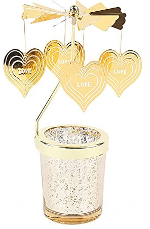 URFEDA Liebe Herz Teelicht Karussell Windlicht Glas Teelichthalter Gold Teelichtglas Rotierender Kerzenhalter Eisen Metall Kerzenständer für Valentinstag Deko Hochzeit Dekoration Wohnzimmer Tischdeko