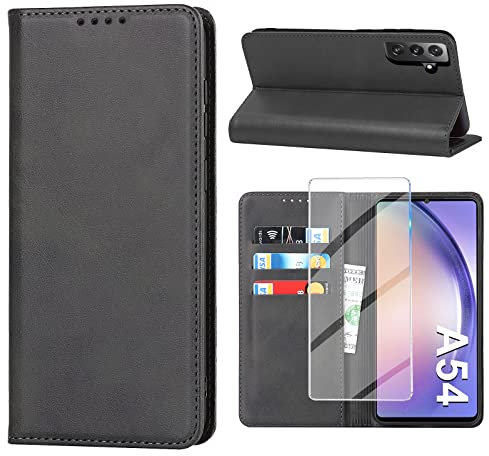 Vaki Handyhülle für Samsung Galaxy A54 5G Hülle mit Panzerglas Schutzfolie, Schutzhülle A54 Leder Wallet Kartenfach Standfunktion Stoßfest Klapphülle Hüllen Galaxy A54 6.4 Zoll Case Cover (Schwarz)