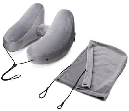 Panlouting Oreiller de Voyage Forme H, Oreiller pour Le Cou, Oreiller de Voyage Gonflable pour Avion, Support Tête et Cou, avec Chapeau et Sac à Cordon Portable (Gris)