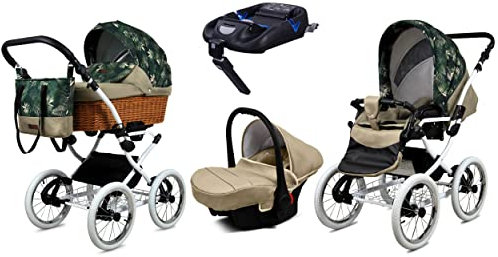 BabyLux Kinderwagen 4in1 mit Autositz für Kleinkinder – Kinderwagen für Neugeborene und Kleinkinder –– Baby Neugeborenen Kinderwagen – ISOFIX Autositzbasis – Max 15kg – Fern Leaf White Frame