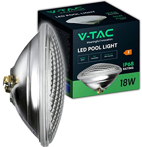 V-TAC Lampada Led da Piscina PAR56 - Lampada 18W in Vetro Antiurto per Illuminazione Piscine e Fontane - Luce Subacquea - Risparmio Energetico - IP68 - Luce Fredda