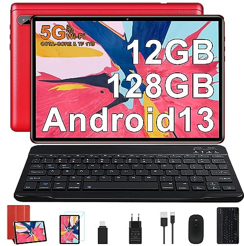 FACETEL Tablet 10 Pulgadas Android 13 Tablet Octa-Core 2.0 GHz, 12GB RAM + 128GB ROM (1TB TF), 5G WiFi, Bluetooth 5.0, 5MP+8MP, HD IPS, Facciale ID, Widevine L1, Tablet con Teclado y Raton - Rojo