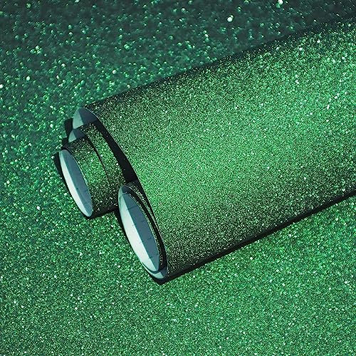 CiCiwind Self Adhesive Wallpaper 44×300cm Green Glitter Wallpaper Peel and Stick Contact Paper Sticky Back Plastic Removable Vinyl Wallpaper for Wall Cabinet DIY Gift Christmas Decoration