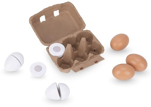 Mamabrum Huevos de Madera para Cortar - Set 6 Huevos con Velcro en Cartón, Juguetes Niños 3 Años, Juego Cocina Infantil con Huevera - Estimula Habilidades Motoras y Creatividad