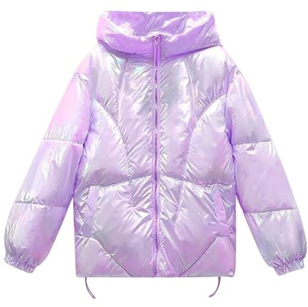 Damen Mantel Herbst Winterjacke Kurze Daunenjacke für Damen, langärmelig, mit Kapuze, Stehkragen, Reißverschluss, kurze Daunenjacke Lack Kleid (Purple, XXL)