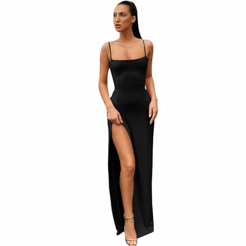 Gkaopi Robe Longue sans Manches pour Femme Été - Slim Moulante à Spaghetti Bretelles Stretch avec Fente - Élégante Robe de Soirée