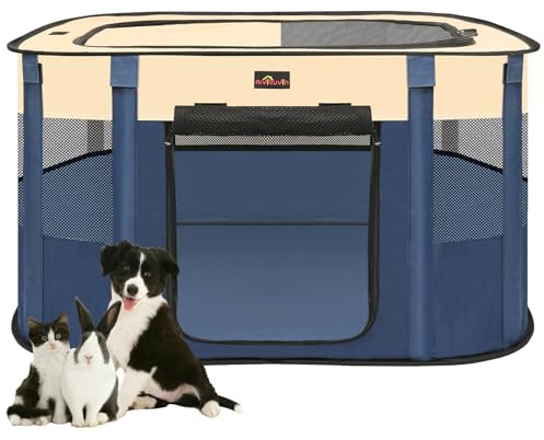Aivituvin Hunde-Laufstall, tragbarer Katzen-Haustier-Spielstall für Reisen, Camping, Faltbare Hundehütte, Zeltkiste mit Tragetasche für drinnen und draußen, Kleintiere, Blau, M