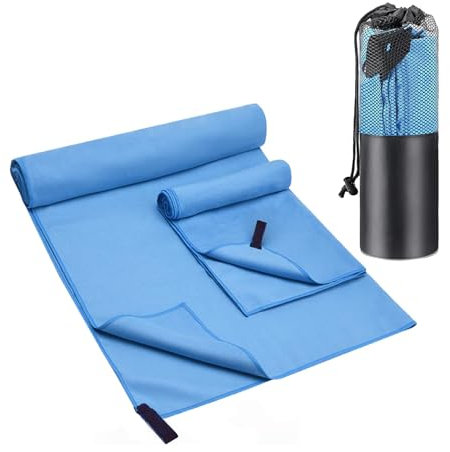 Comius Sharp Mikrofaser-Handtuch 2 Sets, Hand-Gesichtstuch für Mann und Frau, schnell trocknende Mikrofasertücher für Sport Yoga Fitnessstudio Reisen Strand, 180x60cm + 80x40cm (Blau1)