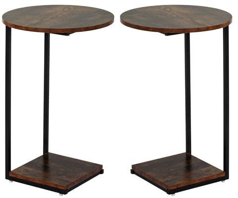 HDANI C-förmiger Beistelltisch 2er Set, Runder Couchtisch Sofatisch Nachttisch Nachttisch Laptoptisch,Sofatisch für Wohnzimmer Schlafzimmer Balkon Terrasse, 40x40x60 cm, Vintagebraun-schwarz