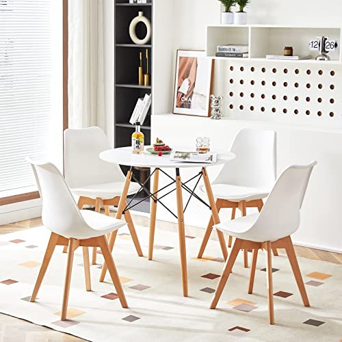 LafeuR Rund Esstisch mit 4 Stühlen Esszimmergruppe, Essgruppen für 4 Personen, 4er Set Esszimmerstühle mit Tisch für Wohnzimmer Küche Büro(Weiß Tisch + 4 Weiß Stühle)