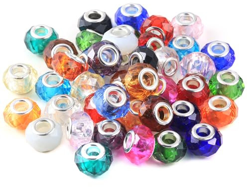 YouLuo Lot de 50 perles en verre de Murano à grand trou assorties à facettes pour fabrication de bracelets, colliers, bijoux