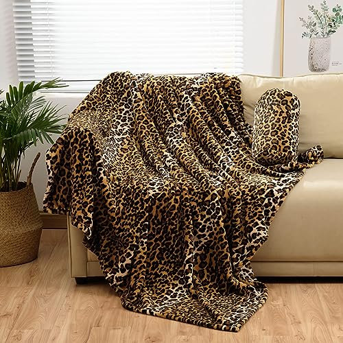 BNuitland Fleece-Flanell-Überwurf mit Leopardenmuster, 127 x 101,6 cm, mit Aufbewahrungstasche, 300 g/m², doppelseitig, leicht, für Bett, Sofa, Reisen, superweiche, flauschige Decke mit