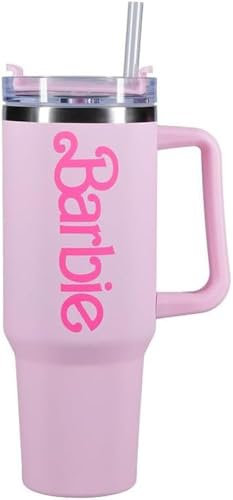 Barbie Paladone H2O-Flasche mit offiziellem lizenziertem pinkem Logo, Quencher, Edelstahl, vakuumisolierter Becher mit Deckel und Strohhalm, für Wasser, Eistee oder Kaffee