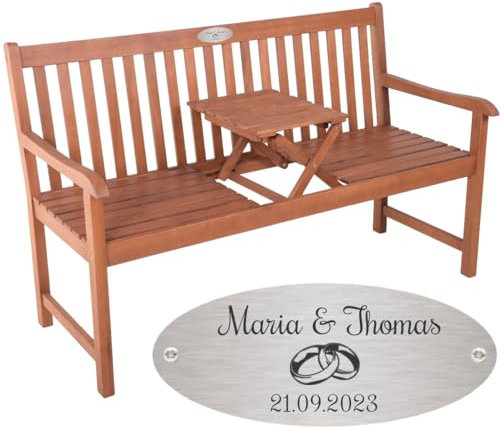 Sterngraf Hochzeitsbank mit Gravur-Schild zB. Ringe (Namen/Datum), Klapptisch Gartenbank Padang 142cm, Edelstahlschild personalisiert, Geschenkidee zur Hochzeit/Vermählung