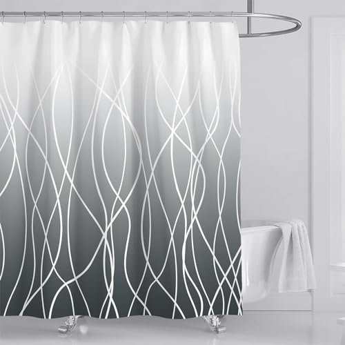 Dunkler Duschvorhang, gestreift, gewellte Linie, Stoff, Duschvorhang für Badezimmer mit 12 Haken, Duschvorhänge für Badezimmer, wasserdichtes Badzubehör, Hotel-Stil180 x 200 cm