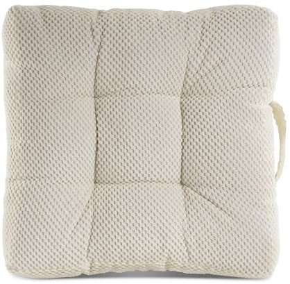 Quantum Interior Sitzkissen 2er Set Stuhlkissen 40x40x8cm für Indoor und Outdoor Dicke Polsterung Steppkissen/Bodenkissen mit Schlaufe zum tragen (Offwhite)