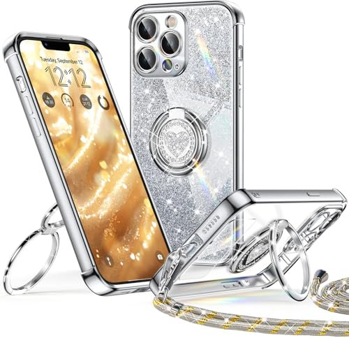XYZ for iPhone 13 Pro Max Case with Stand, Soft Cute Luxury Love Heart for Women Girls, Double Ring Bling Glitter Clear Protective Phone Cover Case for iPhone 13 Pro Max - Silver