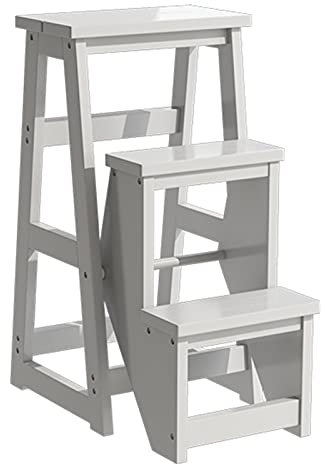 QZQJUILU Escabeau Multifonctionnel, Chaise Pliante en Bois, escabeau, Charge maximale 150Kg/blanc