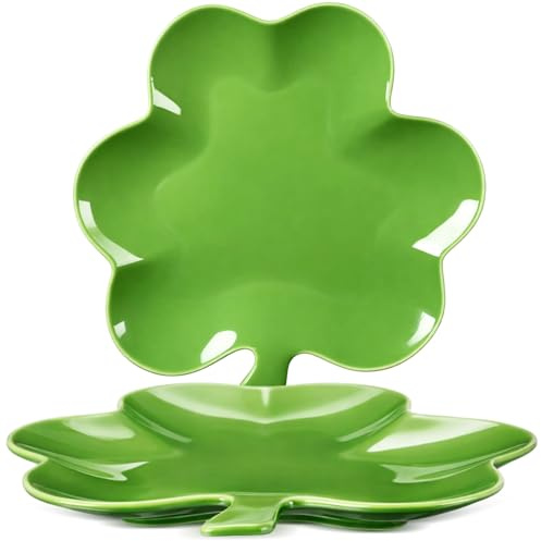 Rtteri 2 Pcs Dessert Plates, Shamrock Fine Porcelain Serving Plate Clover Salad Plate, Small Ceramic Candy Dish Appetizer Dinner Plates Clover Shaped Leaf for Christmas Irish St. Patrick's Day Party