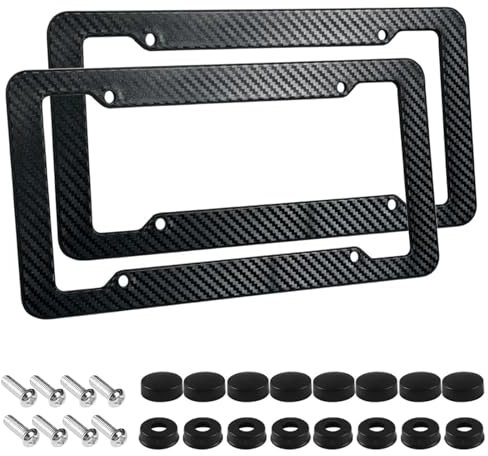 Wanheart 2P Carbon Fiber License Plate Frame for Car, Front & Rear Tag Covers with Screws & Caps, Black Plastic Frame Holder - Fits All Standard US Plates