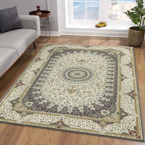 MOONLIGHT20015 Washable Rugs Living Room 80x150 cm - Fluffy Vintage Area Rugs for Bedroom - Non Slip Low Pile Soft Boho Rug Carpets for Lounge - Traditional Large Bedside Rug, Willow Grey