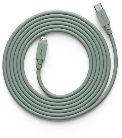 Avolt Cable 1 Flexible USB-C to Lightning Cable, MFi, 60W Charge, 2m | Flexible silicone cable in Oak Green, 2 m. MFi certified iPhone charger cable, 60W fast charging, kink-free and tangle-free