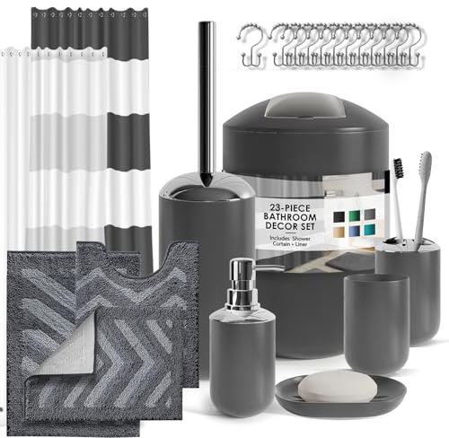 Clara Clark Bathroom Set - 23PC Shower Curtain Set with Bathroom Trash Can, Grey Bathroom Set, Bathroom Sets with Shower Curtain and Grey Rugs